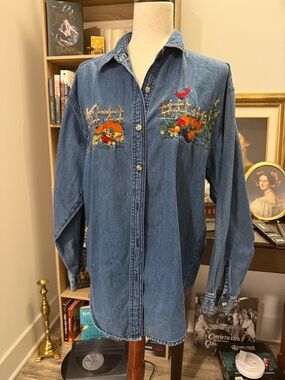 SOLUTIONS | Embroidered Denim Button-Up Shirt with Fall Harvest Motif Medium